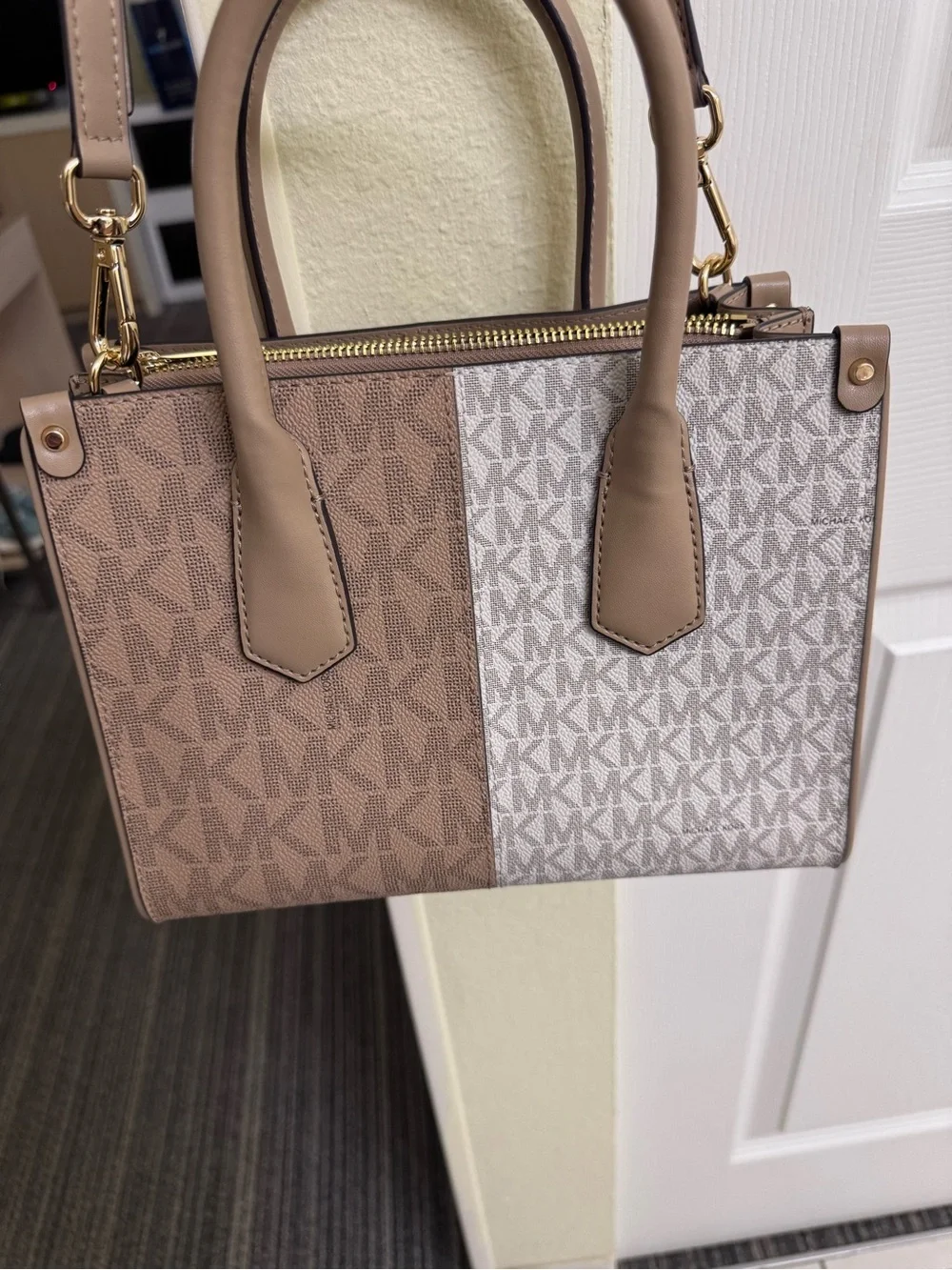Michael Kors Beige and White Logo-Print Tote with Gold Charm